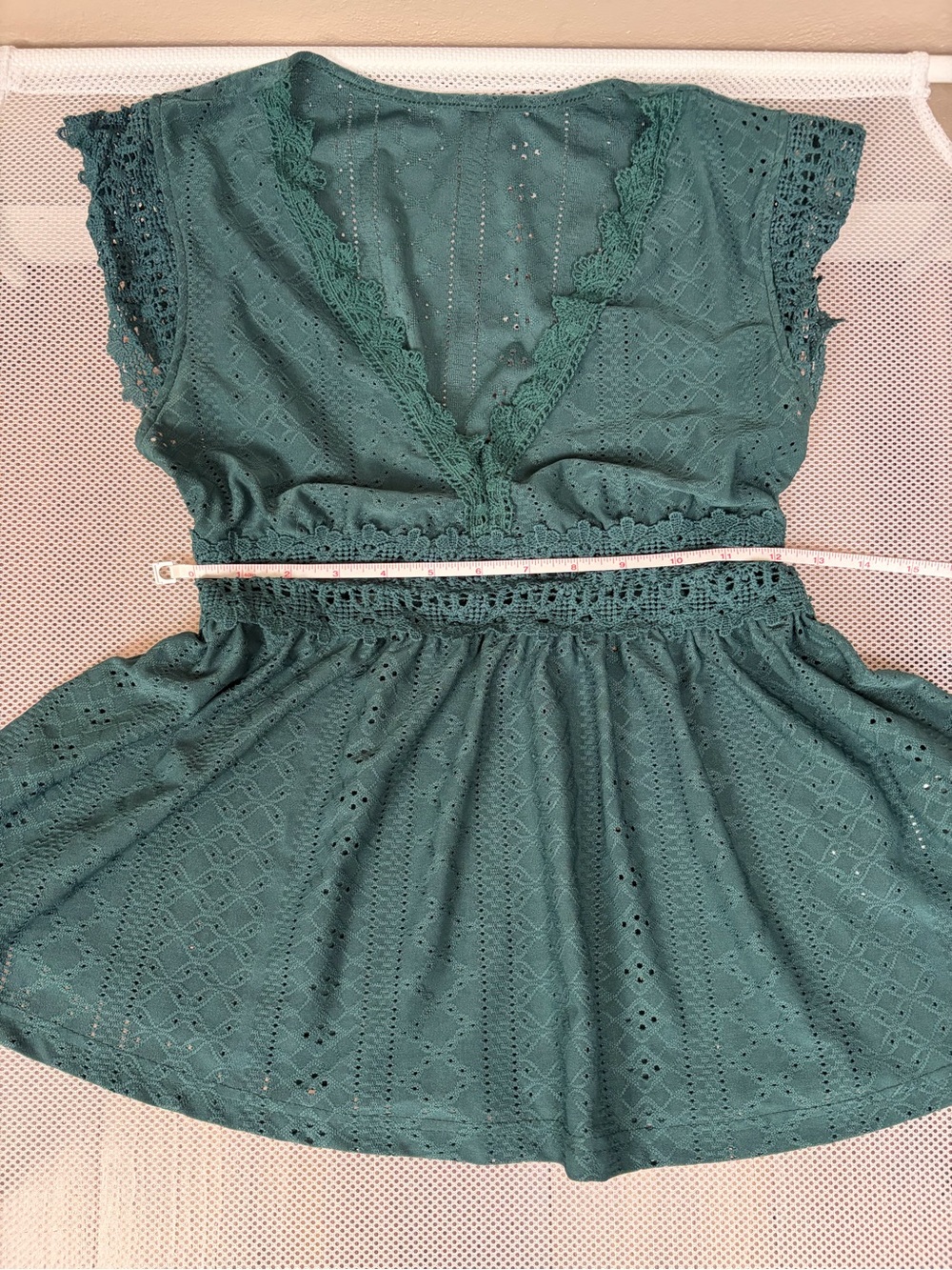 SHEIN Teal Green Eyelet Lace Babydoll Peplum Top Flutter Cap Sleeve V-Neck S EUC - Picture 13 of 14